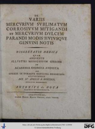 De Variis Mercurium Sublimatum Corrosivum Mitigandi et Mercurium Dulcem Parandi Modis Huiusque Genuini Notis.