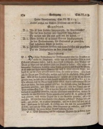 Dritte Unterhandlung Cap. VI. V. 1 - 3. ebenfals zwischen den Töchtern Jerusalems und der Braut.