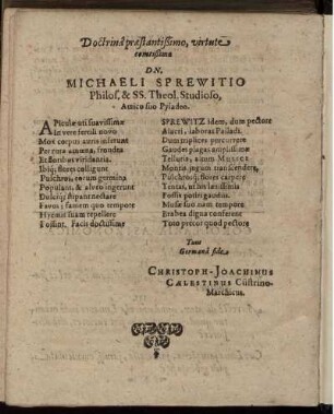 Doctrinâ prœstantißimo, virtute comtißima Dn. Michaeli Sprewitio ...