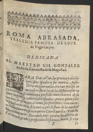 Roma Abrasada, Tragedia Famosa: De Lope de Vega Carpio.