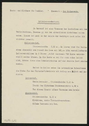 Boots- und Klubhaus Monatskonkurrenz November 1931: Erläuterungsbericht