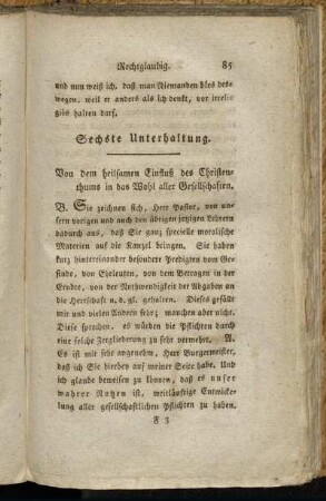 Sechste Unterhaltung. Von dem heilsamen Einfluß des Christenthums in das Wohl aller Gesellschaften.