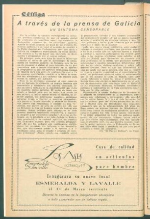 A través de la prensa de Galicia : Un síntoma censurable. [De "El Pueblo Gallego", de Vigo.]