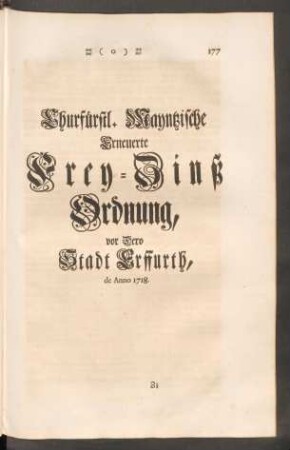 Churfürstl. Mayntzische Erneuerte Frey-Zinß Ordnung, vor Dero Stadt Erffurth, de Anno 1718.