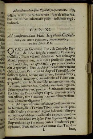 Cap. XI. Ad construendam Fidei Regulam Catholicam, ex mente Valeriani, præparamenta, tradita Libris VI.