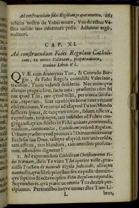 Cap. XI. Ad construendam Fidei Regulam Catholicam, ex mente Valeriani, præparamenta, tradita Libris VI.