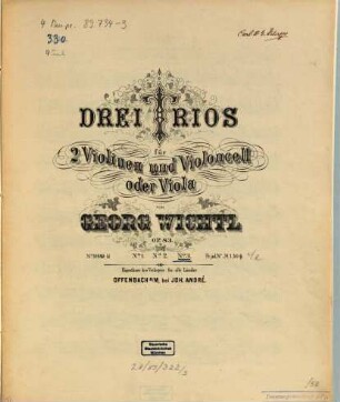 Drei Trios für 2 Violinen und Violoncell oder Viola : op. 83. 3. Trio 3. - Ca. 1869. - 3 St. - Pl.-Nr. 10951