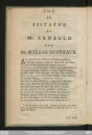 II. Epitaphe De Mr. Arnauld Par Mr. Boileau Despreaux.
