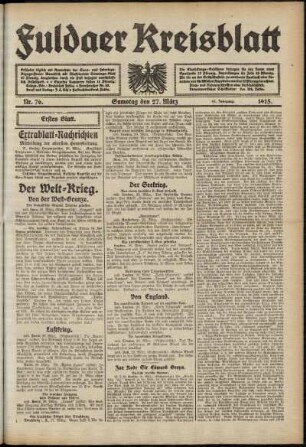Erste Ausgabe vom Samstag, den 27. März 1915.