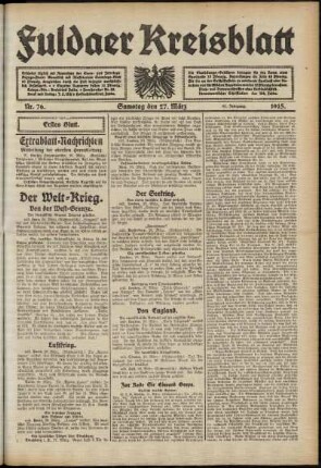 Erste Ausgabe vom Samstag, den 27. März 1915.