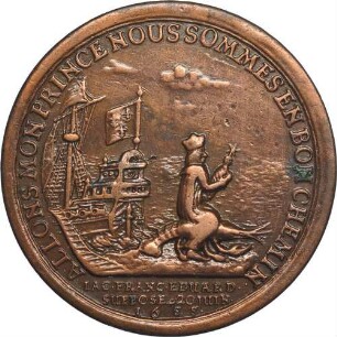 König Jakob II. - satierische Medaille auf die Geburt des Prinzen James und dessen Flucht nach Frankreich