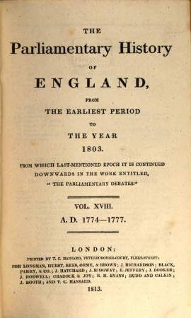 Cobbett's parliamentary history of England : from the Norman conquest, in 1066 to the year 1803. 18, AD 1774 - 1777