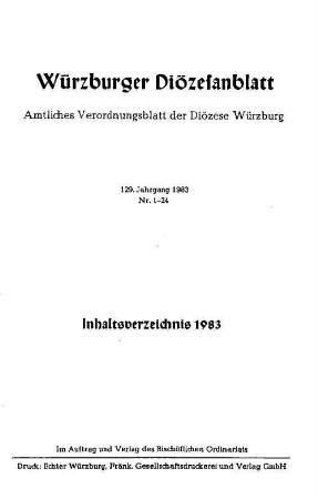 Würzburger Diözesanblatt : amtliches Verordnungsblatt der Diözese Würzburg. 129. 1983