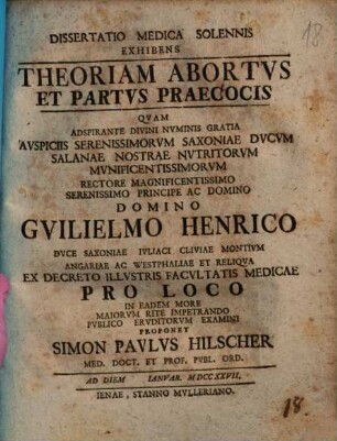 Dissertatio Medica Solennis Exhibens Theoriam Abortvs Et Partvs Praecocis