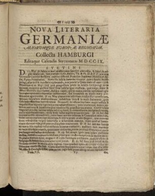 Nova Literaria Germaniæ...Collecta Hamburgi Editaque Calendis Septembris MDCCIX.
