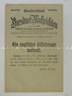 Nachrichtenblatt der Tageszeitung "Dresdner Nachrichten" zur Versenkung eines englischen Kreuzers