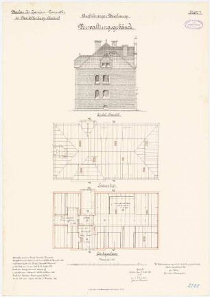 Garnison-Lazareth, Berlin-Charlottenburg/Westend: Verwaltungsgebäude: Grundriss Dachgeschoss, Sparrenlage, Giebelansicht 1:100