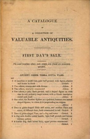 A Catalogue of a Collection of valuable Antiquities