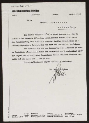 Schreiben der Gemeindeverwaltung Dölzschen an Prof. Victor Klemperer vom 26.09.1936 mit der Auflage zur Grundstückspflege