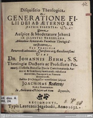 Disquisitio theologica de generatione filii dei ab aeterno ex patris essentia