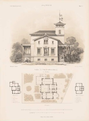 Villa, Berlin-Charlottenburg: Lageplan, Grundrisse, Ansicht (aus: Architektonisches Skizzenbuch, H. 103/3, 1870)