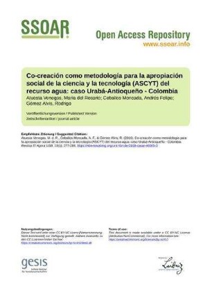 Co-creación como metodología para la apropiación social de la ciencia y la tecnología (ASCYT) del recurso agua: caso Urabá-Antioqueño - Colombia
