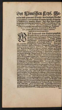 Der Römischen Keys. Mayestat und gemeiner Stende/ des heyligen Reichs angenommene unnd bewilligte Chammergerichts Ordnung/ ...Auff dem Reichßtag zu Augspurg. Anno M. D. LV. von newen zusammengezogen ...
