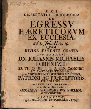 Diss. theol. de egressu haereticorum ex ecclesia