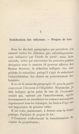V Codification des réformes. - Projets de lois.
