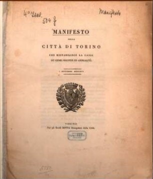Manifesto della città di Torino che ristabilisce la cassa de'censi prestiti ed annualità : 1 settembre 1816