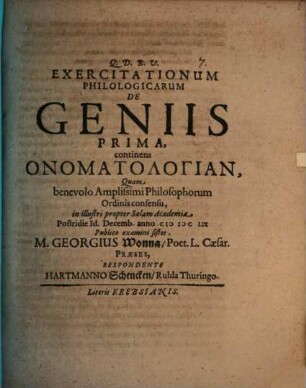 Exercitationum Philologicarum De Geniis Prima, continens Onomatologian