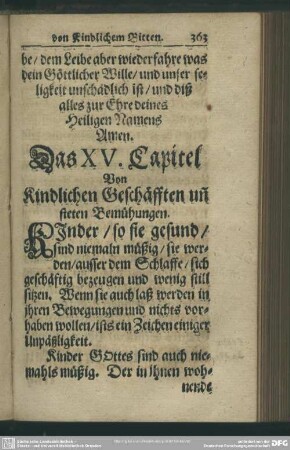 Das XV. Capitel Von Kindlichen Geschäfften un[d] steten Bemühungen