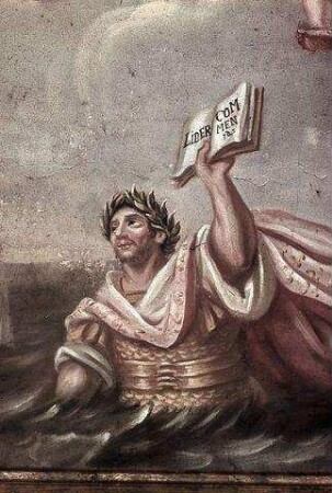 Ein antiker Heros (Aeneas?) hält, an einer Flußmündung im Meer stehend, ein Buch empor:"Liber commentas"