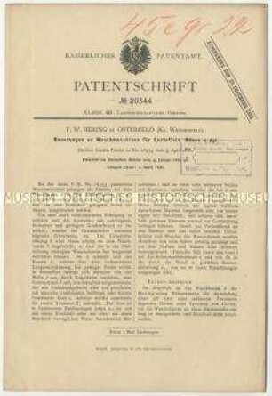 Patentschrift einer Neuerung an Waschmaschinen für Kartoffeln, Rüben u.dgl., Patent-Nr. 20344