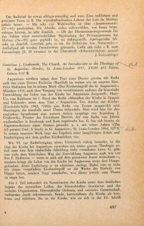 497-498 [Rezension] Grabowski, Stanislaus Justin, The church