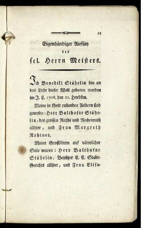 Eigenhändiger Aufsatz des sel. Herrn Meisters