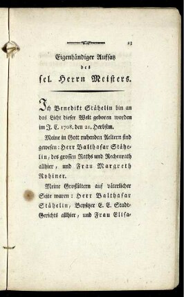 Eigenhändiger Aufsatz des sel. Herrn Meisters
