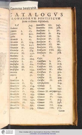 Catalogvs Romanorum Pontificium juxta ordinem Alphabeti
