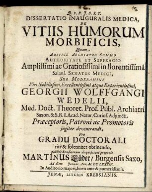 Dissertatio Inauguralis Medica, De Vitiis Humorum Morbificis