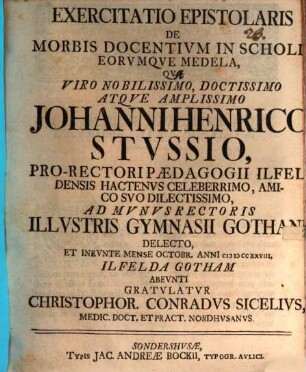 Exercitatio Epistolaris De Morbis Docentium In Scholis, Eorumque Medela