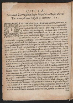 Copia Literarum a Serenißima Regia Maiestate ad Imperatorem Turcarum, de dat. Varsau 15. Novemb. 1623.