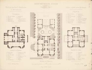 Wohnhaus des Herrn Hagenbucher, Heilbronn: Grundriss Keller, EG, 1. OG, EG Hinterhaus (aus: Architekton. Studien, hrsg. v. Architektenverein am Königl. Polytechnikum Stuttgart, H. 41, 1877)