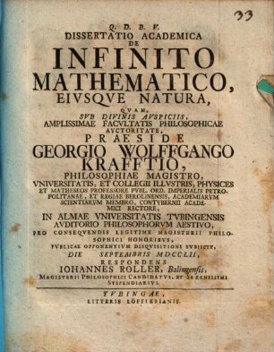 Diss. ... de infinito mathematico, eiusque natura
