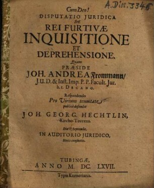 Disputatio iuridica de rei furtivae inquisitione et deprehensione