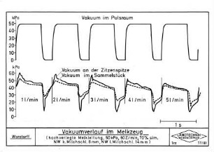Vakuumverlauf im Melkzeug (hochverlegte Melkleitung, 50 kPa, 60 Z/min, 70 % sim. NW k. Milchschl. 8 mm, NW l. Milchschl. 14 mm)