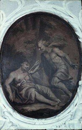 Von Pfeil getötete Nymphe und daneben knieende männliche Figur