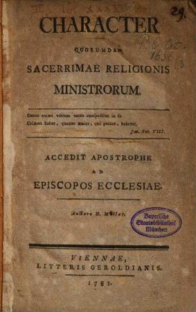 Character quorundam sacerrimae religionis ministrorum