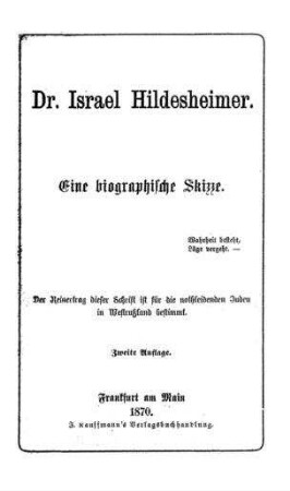 Dr. Israel Hildesheimer : eine biograph. Skizze / [Verf.: Gustav Karpeles]