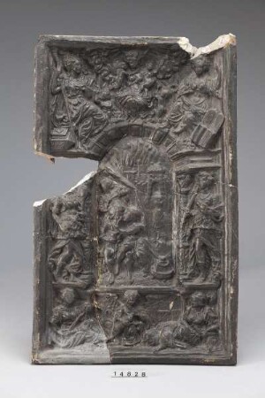Ofenkachel mit Darstellung "Lot mit seinen Töchtern" und Personifikationen der sieben Tugenden
