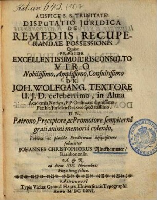 Disputatio Juridica De Remediis Recuperandae Possessionis